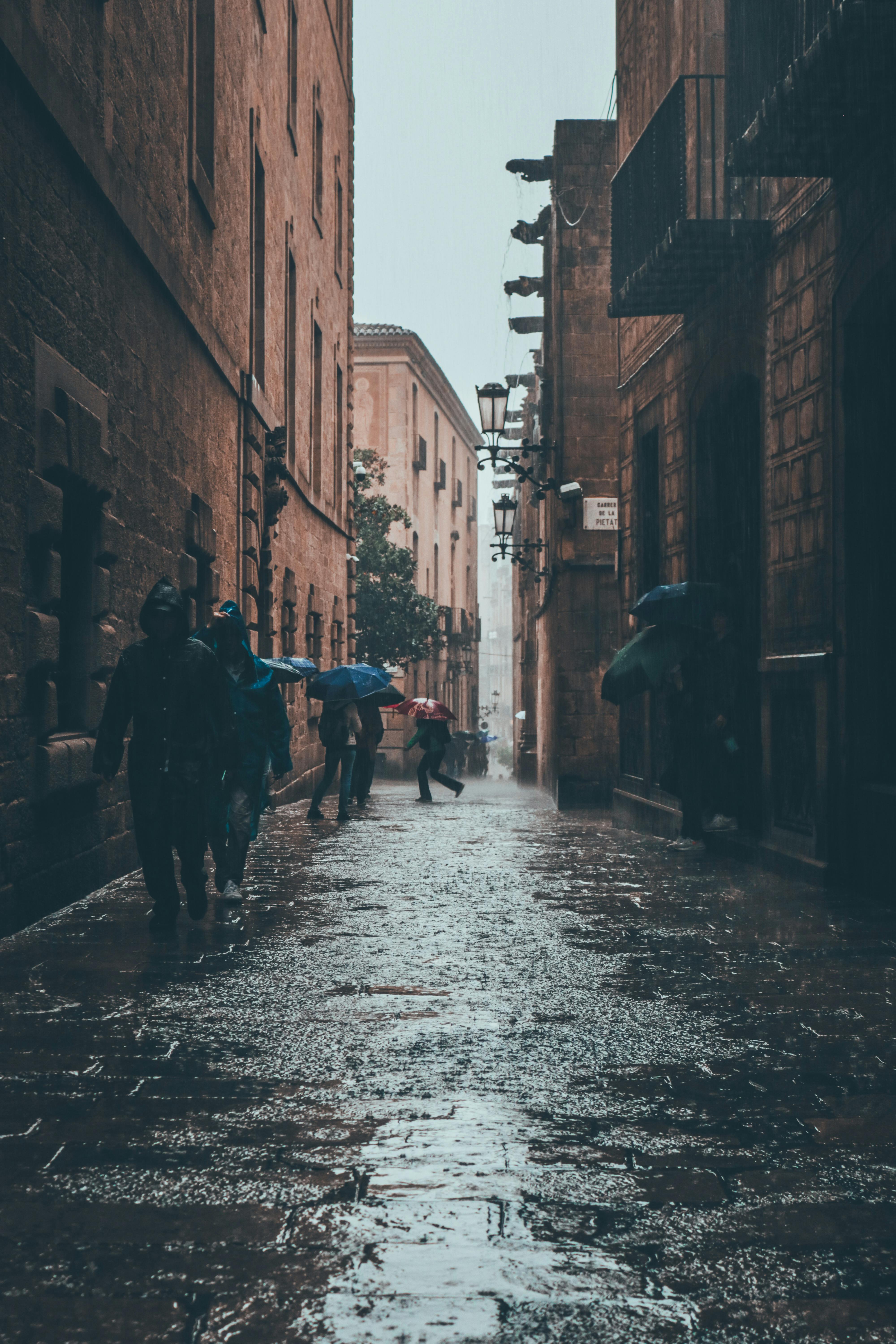 Barcelona Gothic Quarter narrow streets on a rainy overcast day