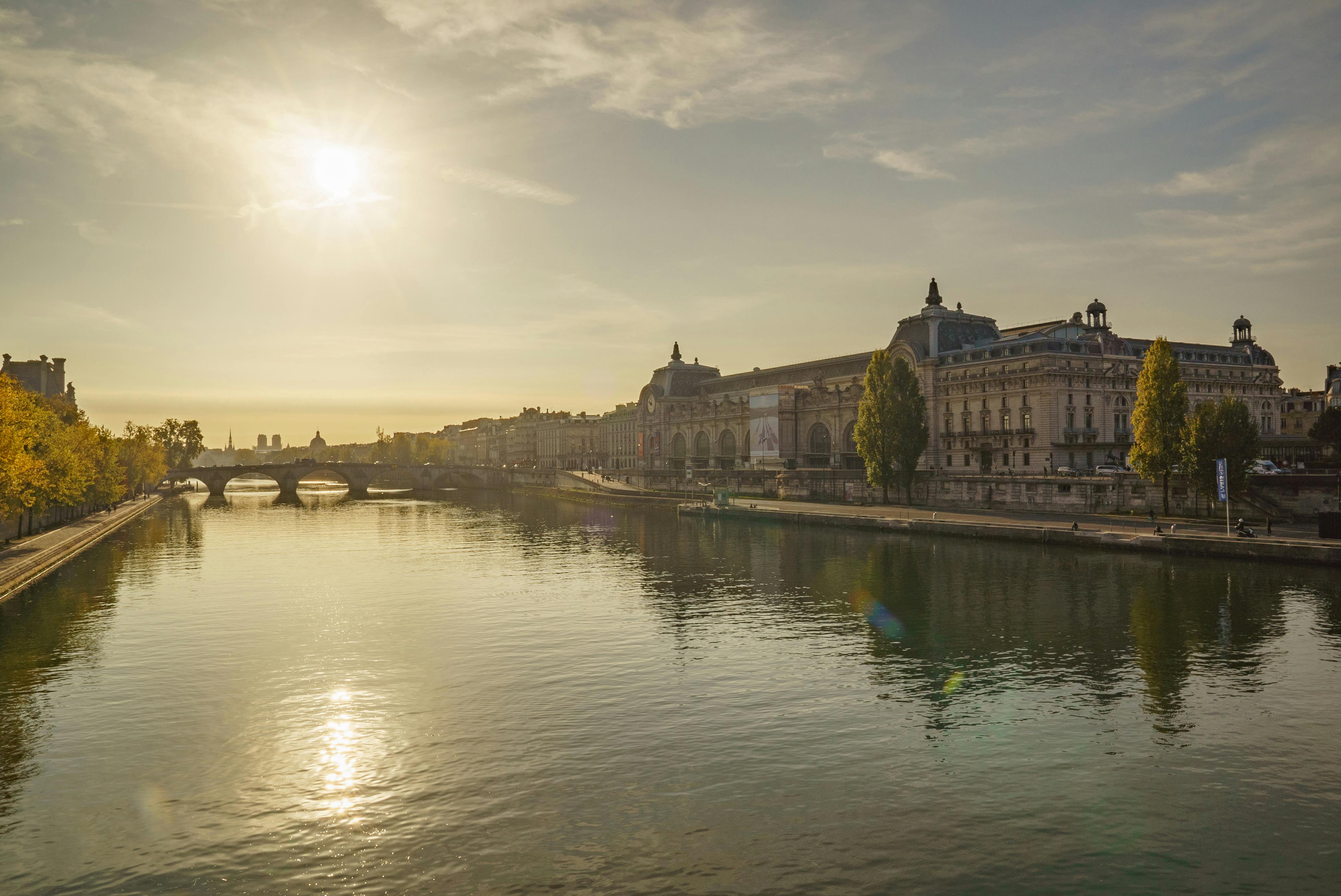 Morning view along the Seine River in Paris with Notre-Dame in the background